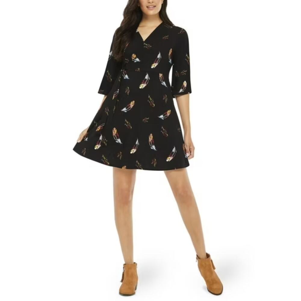George Women's Soot Black Feather AOP Flutter Sleeve Faux Wrap Dress Size XL